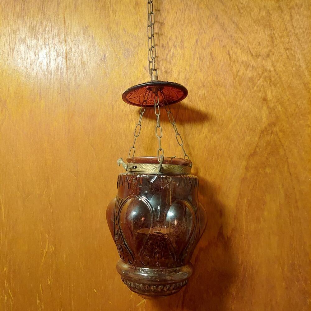 Late Victorian c.1890 Amethyst Glass Hanging Hall Lantern Brass Griffin Mounts